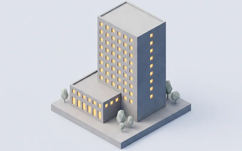 Isometric model of a plain hotel tower with a lower podium block on a concrete plinth, windows lit saffron
